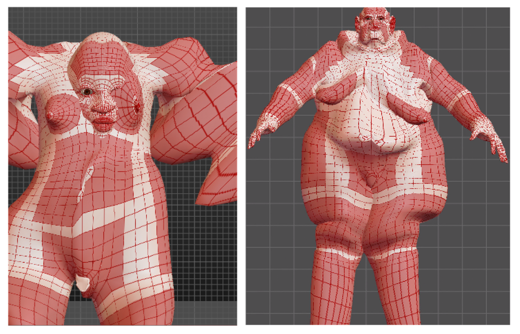 Two images showing the range of manipulations possible, including the head being lodged in the chest wall and a large body. 