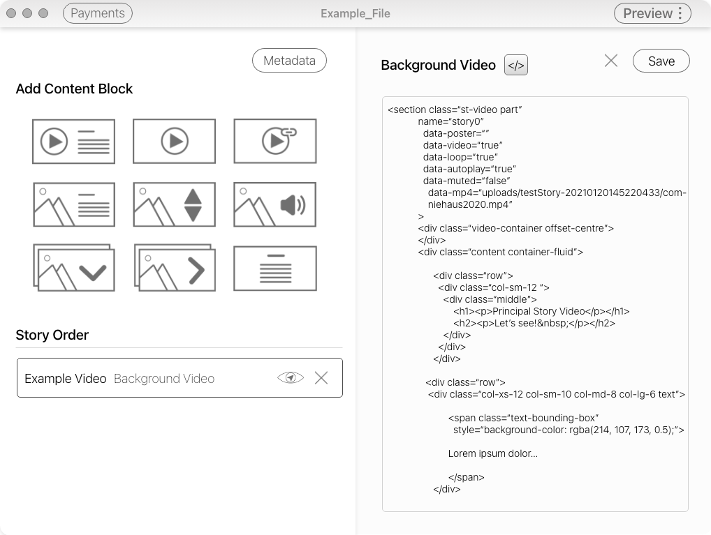 The video block open, this time with code editing for the video open in the right panel. 
