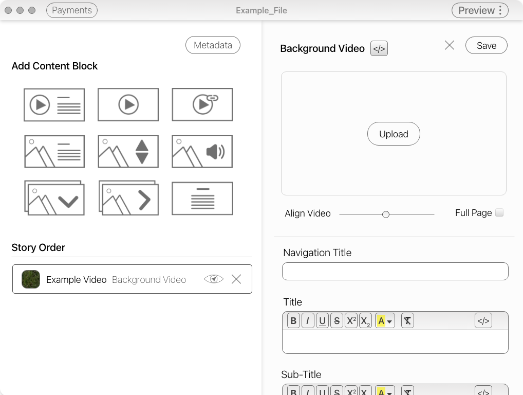 The video block open, with upload options and title, etc.