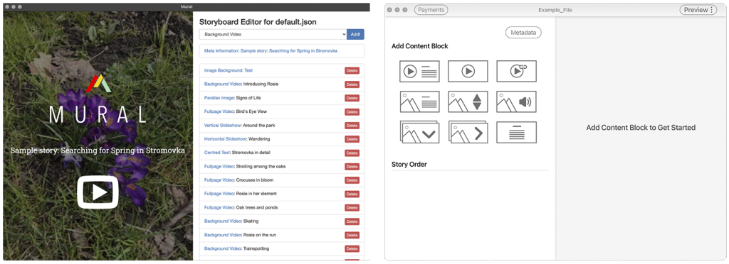 On the left, the old mural UI is shown. It has bulky buttons and shows the preview on the left. On the right, the redesigned version of the Mural tool is shown, with a CMS similar block editing system and a cleaner UI. 