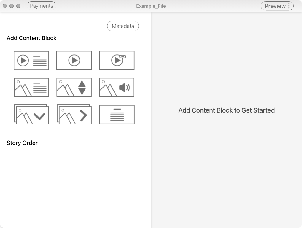The UI of the redesigned Mural software. Different content types are shown on the left, and on the right appears the detail for the user's editing of individual content blocks.
