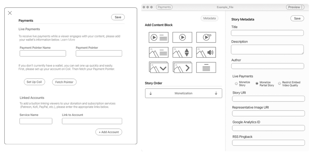 The payments setup window and the embedding monitzation options in the software. 