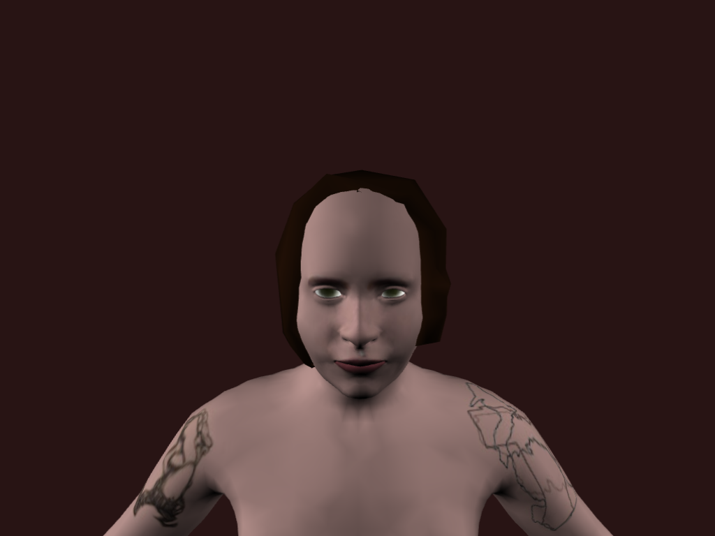 An avatar of a white woman presented on a red background. She has shoulder length hair and many tattoos.