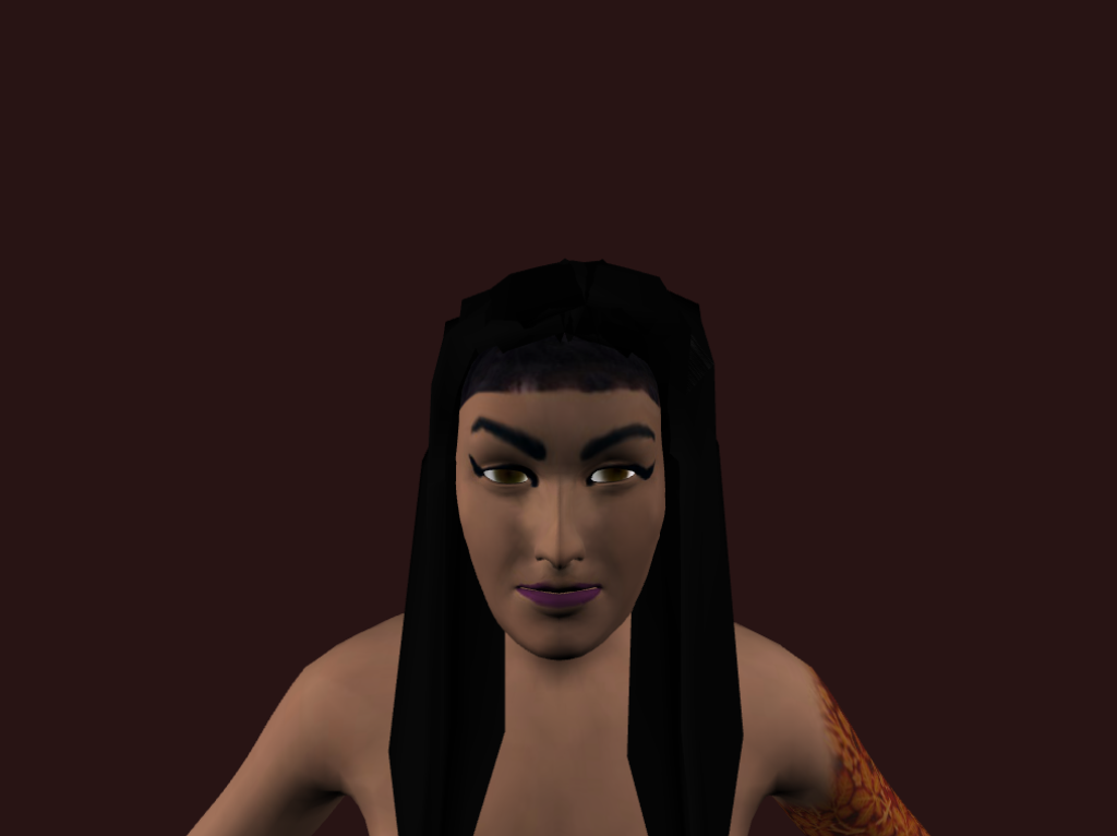 An avatar of a brown non-binary person presented on a red background. they have long black hair.