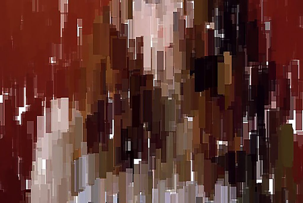 A portrait of a pale woman with red hair on a red background, created out of small rectangles for a painterly effect.