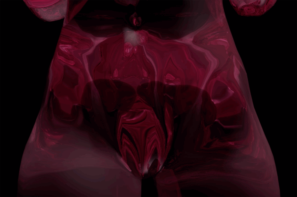 A pink translucent naked human lower torso. It is like it is made of glass. 