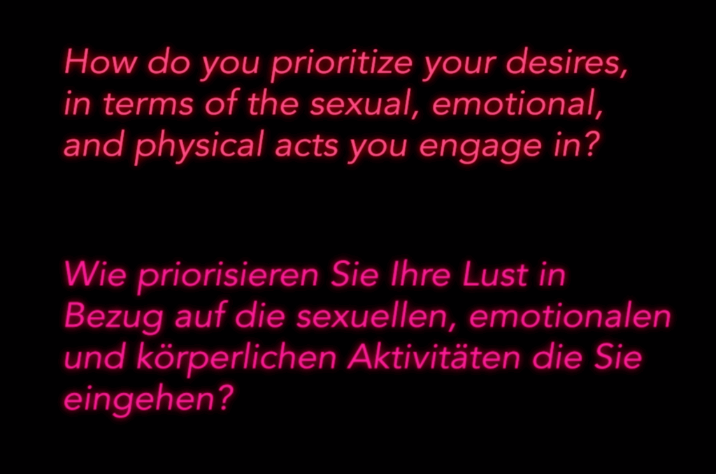 Text reading, How do you prioritize your desires, in terms of the sexual, emotional and physical acts you engage in? in english and german