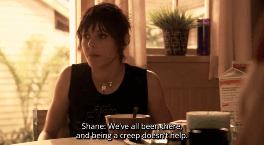 A cis masc woman with subtitle text that reads, "WE've all been there, and being a creep doesn't help"