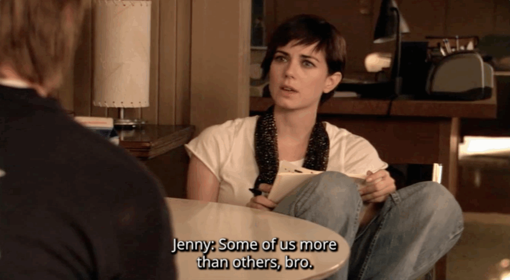 A femme white woman with subtitle text that reads, "some of us more than others, bro"