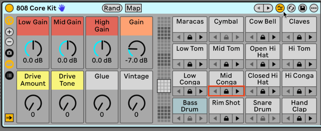 A drum kit in similarity mode with the arrow buttons highlighted. 