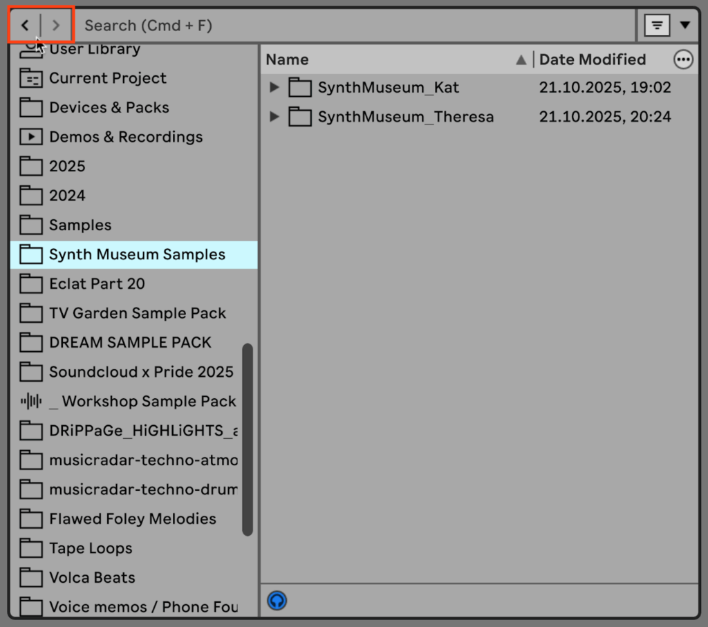 The left and right chevrons that allow the user to move backward and forward respectively in their browsing history are highlighted in red. 