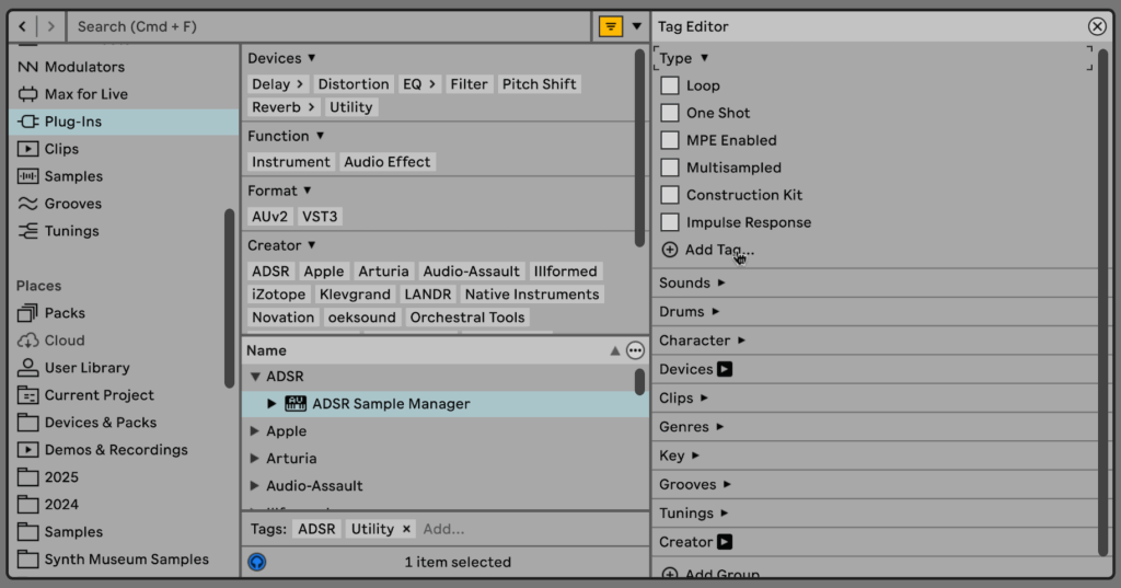 The tagging editor in Live is open, with a check boxes to assign a given tag and space to add new tags. 